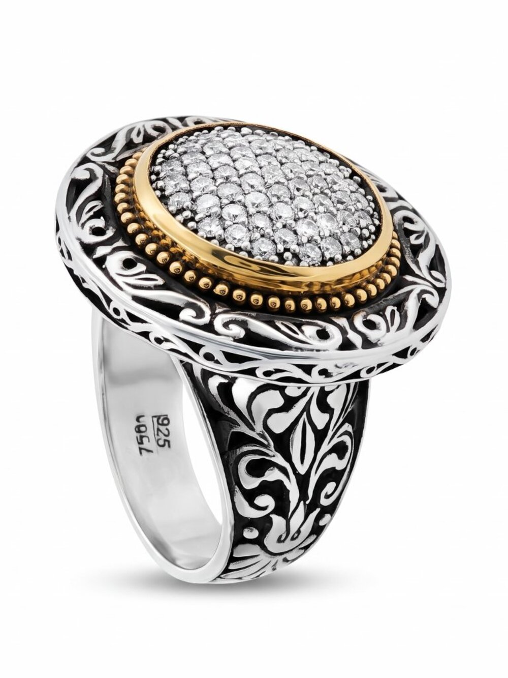 KONSTANTINO 925 Sterling Silver & 18K Gold Pave Diamond Ring Size 7.5